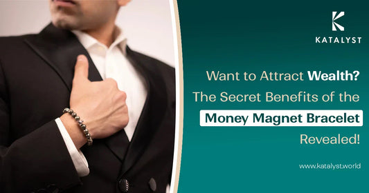 A man in a black suit wearing a Money Magnet Bracelet, with text promoting its wealth-attracting benefits and the Katalyst logo.